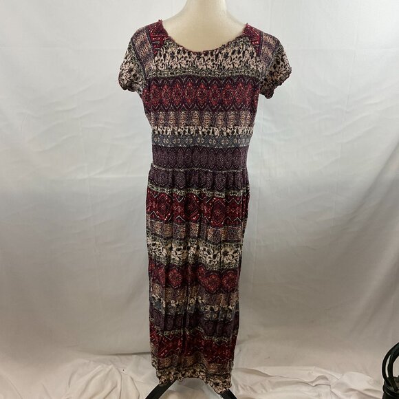 Soft Surroundings Smocked Dress 1X Maroon Cream Blue Mandala Print Short Sleeve - Picture 10 of 16